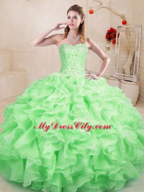 Artistic Apple Green Organza Lace Up Quinceanera Dresses Sleeveless Floor Length Beading and Ruffles