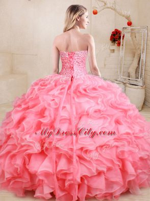 Artistic Apple Green Organza Lace Up Quinceanera Dresses Sleeveless Floor Length Beading and Ruffles
