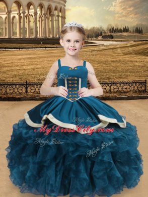 Graceful Teal Sleeveless Beading and Ruffles Floor Length Little Girl Pageant Gowns