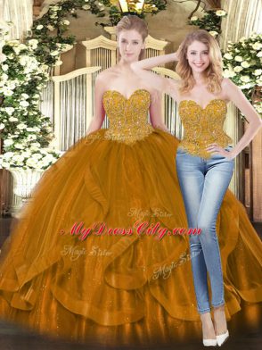Dazzling Brown Lace Up Quinceanera Gowns Beading and Ruffles Sleeveless Floor Length
