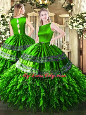 Decent Green Ball Gowns Ruffles Vestidos de Quinceanera Clasp Handle Satin and Organza Sleeveless Floor Length