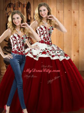 New Style Wine Red Sleeveless Satin and Tulle Lace Up Ball Gown Prom Dress for Military Ball and Sweet 16 and Quinceanera
