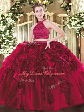 Sleeveless Floor Length Beading and Ruffles Backless 15 Quinceanera Dress with Fuchsia