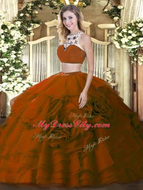 Floor Length Brown Ball Gown Prom Dress High-neck Sleeveless Backless