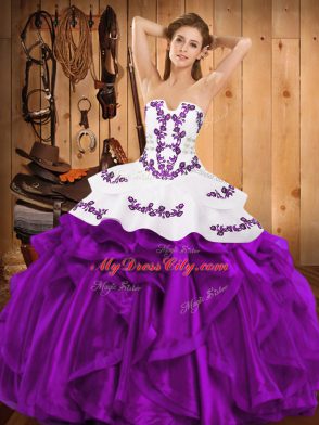 Eggplant Purple Strapless Lace Up Embroidery and Ruffles Sweet 16 Dress Sleeveless