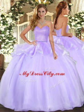 Lavender Ball Gowns Sweetheart Sleeveless Organza Floor Length Lace Up Beading and Ruffles Quince Ball Gowns