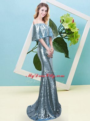 Floor Length Light Blue Evening Dress Off The Shoulder Half Sleeves Zipper