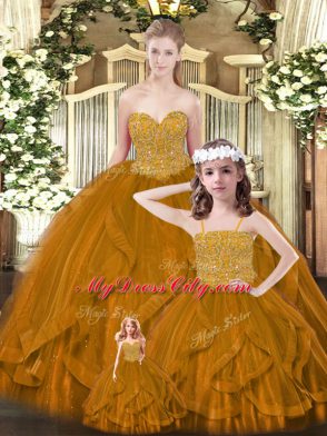 Floor Length Rust Red Sweet 16 Dresses Tulle Sleeveless Beading and Ruffles