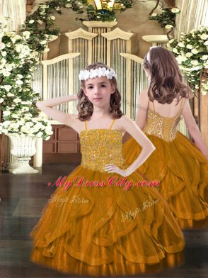 Floor Length Rust Red Sweet 16 Dresses Tulle Sleeveless Beading and Ruffles