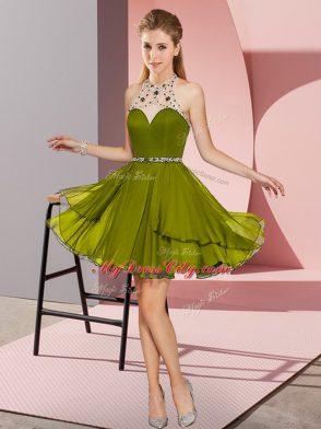 Mini Length Olive Green Dress for Prom Chiffon Sleeveless Beading