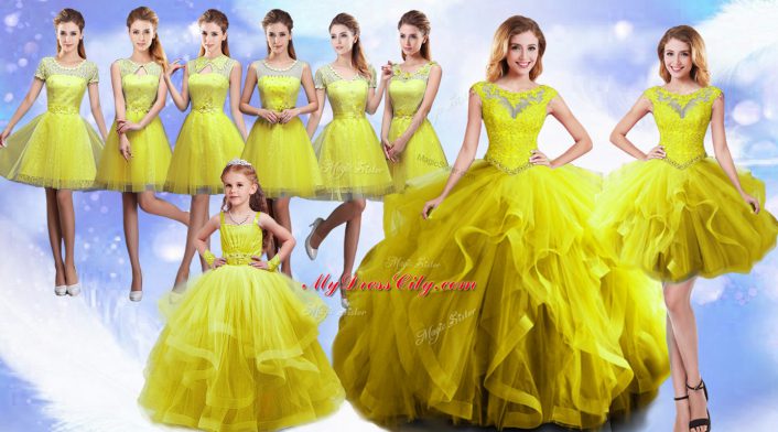 Super Yellow Lace Up Scoop Beading and Ruffles Quince Ball Gowns Organza Sleeveless