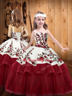 Trendy Wine Red Lace Up Straps Embroidery Little Girls Pageant Dress Wholesale Organza Sleeveless