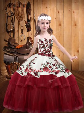 Trendy Wine Red Lace Up Straps Embroidery Little Girls Pageant Dress Wholesale Organza Sleeveless