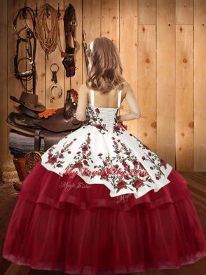 Trendy Wine Red Lace Up Straps Embroidery Little Girls Pageant Dress Wholesale Organza Sleeveless