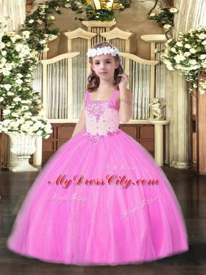 Straps Sleeveless Little Girl Pageant Dress Floor Length Beading Rose Pink Tulle