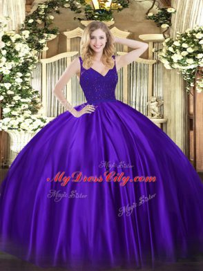 Elegant Purple Satin Backless V-neck Sleeveless Floor Length Sweet 16 Dress Beading and Lace