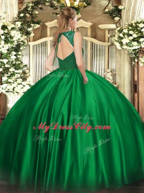Elegant Purple Satin Backless V-neck Sleeveless Floor Length Sweet 16 Dress Beading and Lace