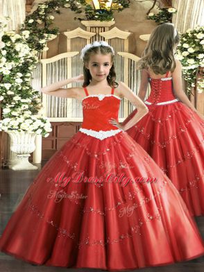 Red Tulle Lace Up Pageant Dress Sleeveless Floor Length Appliques