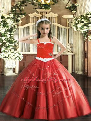 Red Tulle Lace Up Pageant Dress Sleeveless Floor Length Appliques