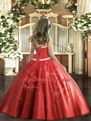 Red Tulle Lace Up Pageant Dress Sleeveless Floor Length Appliques