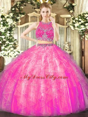 Glamorous Beading and Ruffles Sweet 16 Dress Fuchsia Zipper Sleeveless Floor Length