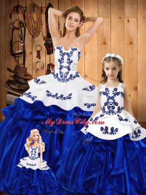 Strapless Sleeveless Vestidos de Quinceanera Floor Length Embroidery and Ruffles Blue Organza
