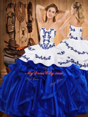 Strapless Sleeveless Vestidos de Quinceanera Floor Length Embroidery and Ruffles Blue Organza