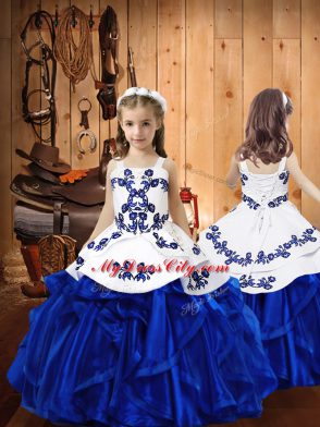 Strapless Sleeveless Vestidos de Quinceanera Floor Length Embroidery and Ruffles Blue Organza