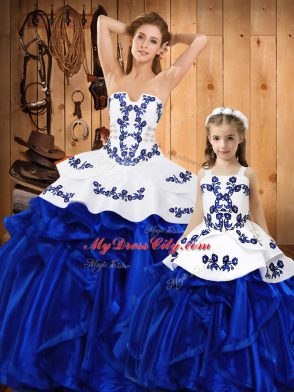 Strapless Sleeveless Vestidos de Quinceanera Floor Length Embroidery and Ruffles Blue Organza