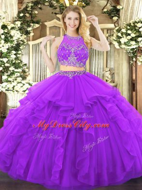 Fancy Purple Two Pieces Scoop Sleeveless Tulle Floor Length Zipper Beading and Ruffles 15 Quinceanera Dress