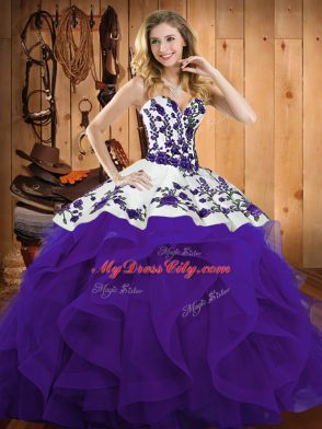 Popular Purple Sleeveless Satin and Organza Lace Up Vestidos de Quinceanera for Military Ball and Sweet 16 and Quinceanera