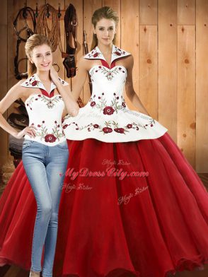 Colorful White And Red Ball Gowns Organza Halter Top Sleeveless Embroidery Floor Length Lace Up Quinceanera Gowns