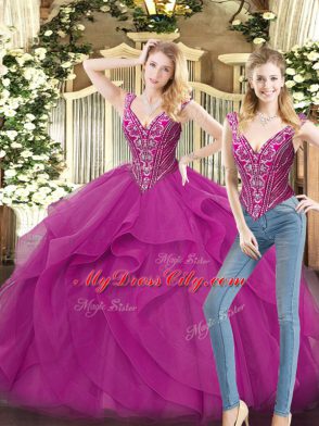 Suitable Fuchsia Lace Up 15th Birthday Dress Beading and Ruffles Sleeveless Floor Length