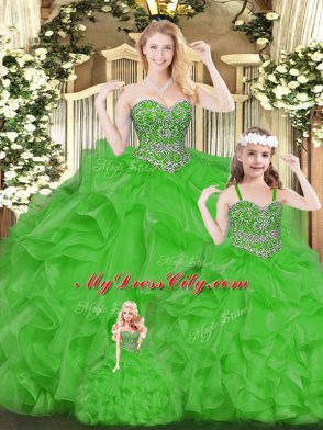 Charming Green Organza Lace Up Vestidos de Quinceanera Sleeveless Floor Length Beading and Ruffles