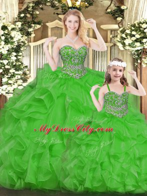 Charming Green Organza Lace Up Vestidos de Quinceanera Sleeveless Floor Length Beading and Ruffles