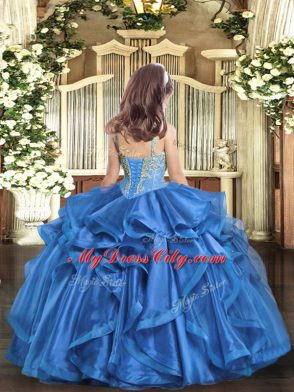 High Class Sleeveless Floor Length Beading and Ruffles Lace Up Kids Pageant Dress with Baby Blue