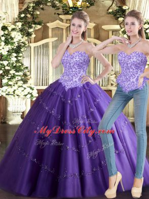 Adorable Purple Lace Up Vestidos de Quinceanera Beading Sleeveless Floor Length