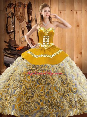 Multi-color Ball Gowns Embroidery Quinceanera Dresses Lace Up Satin and Fabric With Rolling Flowers Sleeveless With Train
