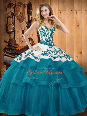 Embroidery Quince Ball Gowns Teal Lace Up Sleeveless Sweep Train