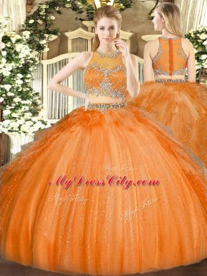 Nice Orange Two Pieces Tulle Scoop Sleeveless Beading Floor Length Zipper Quinceanera Dresses