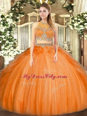 Nice Orange Two Pieces Tulle Scoop Sleeveless Beading Floor Length Zipper Quinceanera Dresses