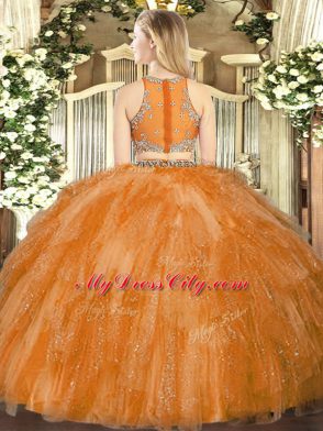 Nice Orange Two Pieces Tulle Scoop Sleeveless Beading Floor Length Zipper Quinceanera Dresses
