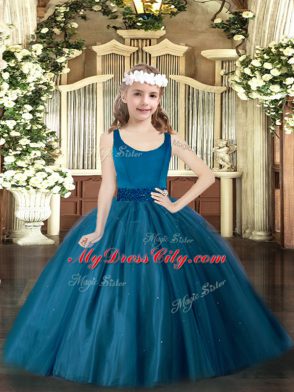Beading Pageant Dress for Womens Teal Zipper Sleeveless Floor Length