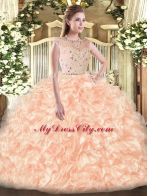 Flirting Bateau Sleeveless Tulle Ball Gown Prom Dress Beading and Ruffles Zipper