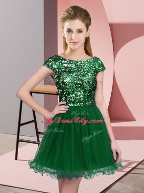 Best Selling A-line Bridesmaids Dress Dark Green Scoop Tulle Cap Sleeves Mini Length Zipper