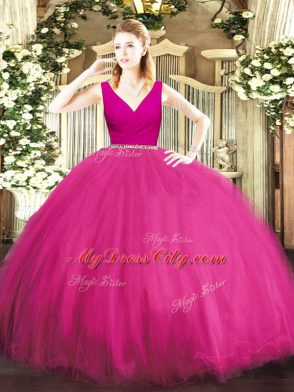 Floor Length Fuchsia Sweet 16 Dresses V-neck Sleeveless Zipper
