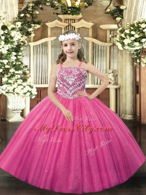 Most Popular Hot Pink Ball Gowns Straps Sleeveless Tulle Floor Length Lace Up Beading Little Girls Pageant Dress