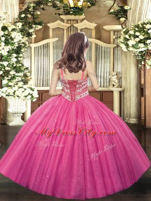 Most Popular Hot Pink Ball Gowns Straps Sleeveless Tulle Floor Length Lace Up Beading Little Girls Pageant Dress