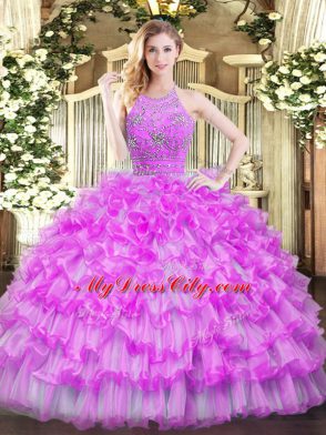 Modern Sleeveless Floor Length Beading and Ruffled Layers Zipper Quinceanera Dress with Lilac