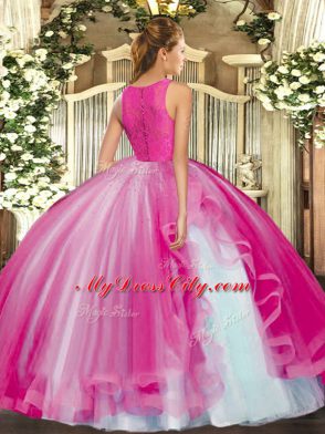 Scoop Sleeveless Tulle Sweet 16 Dress Lace and Ruffles Clasp Handle